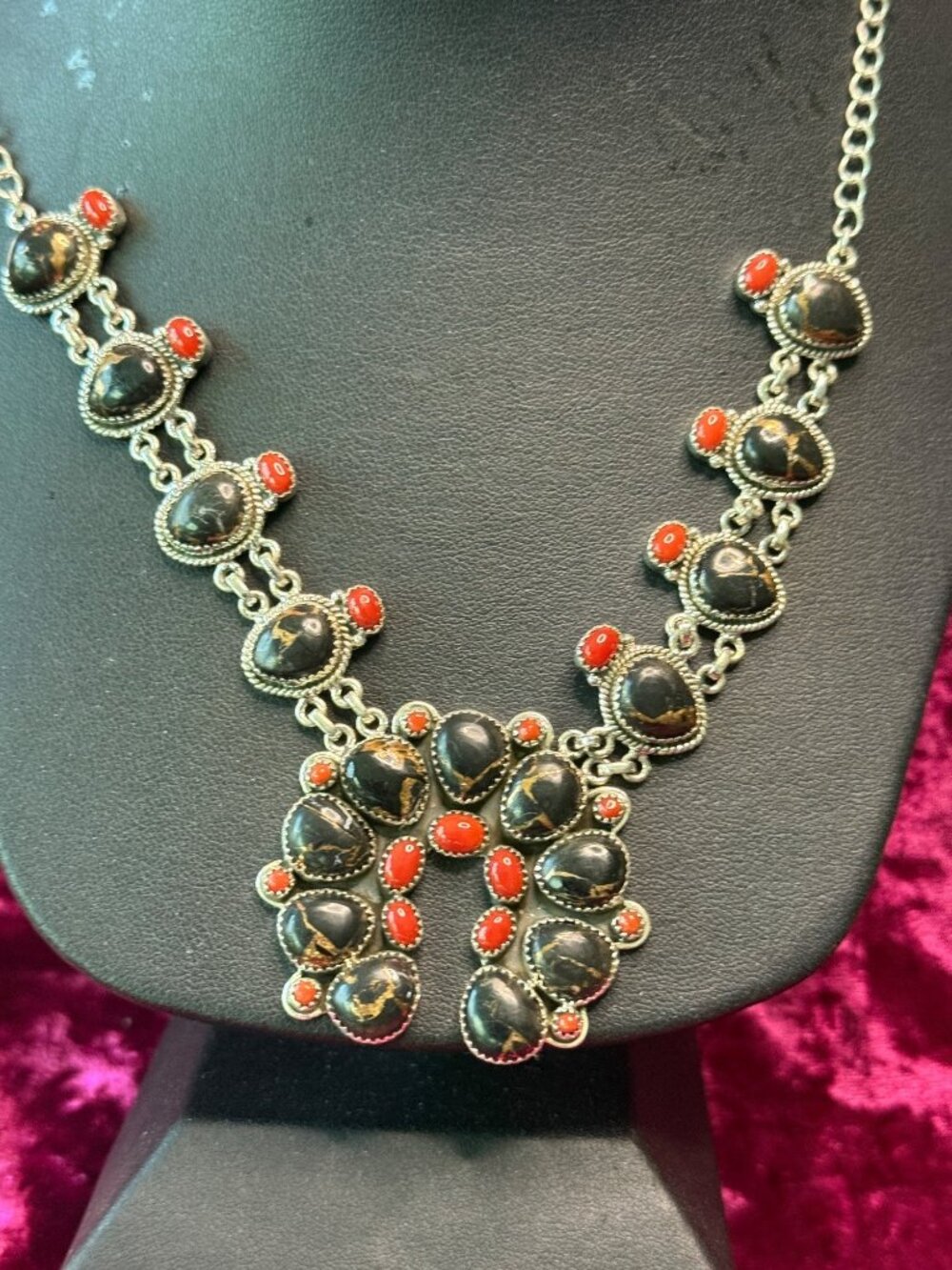 Kingman Black Stallion Turquoise & Italian Red Coral Sterling Naja Necklace